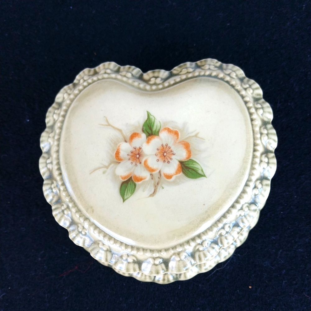 Vintage Porcelain Heart Shaped Trinket Box with Hand Painted Pink Dogwood Petals